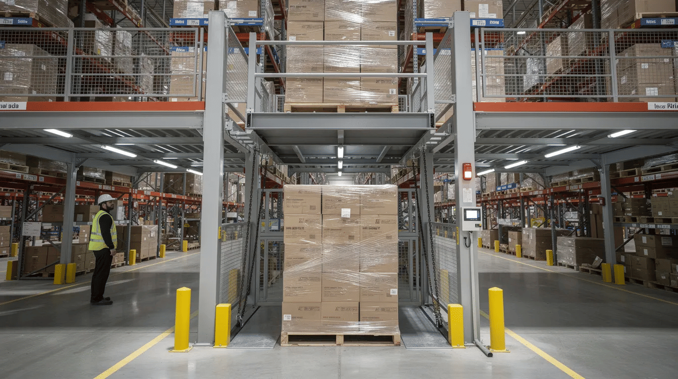 The image depicts the interior of a warehouse featuring a vertical reciprocating conveyor that efficiently lifts a loaded pallet from the ground level to an upper mezzanine platform, showcasing the use of vertical space to enhance storage capacity. This setup highlights the effectiveness of rack supported mezzanines in optimizing the warehouse's operational efficiency and maximizing available storage space.
