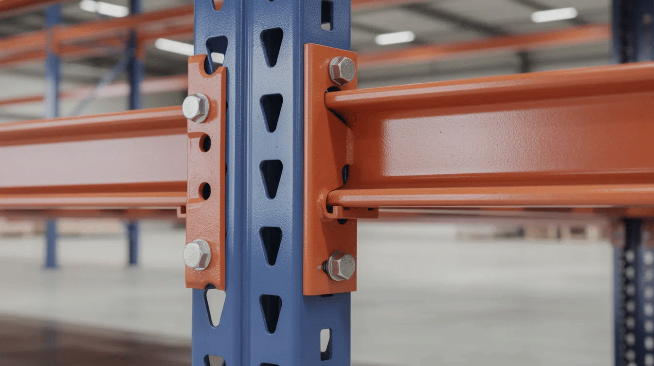 A close-up view of steel upright frames and horizontal beams of selective pallet racking systems is displayed, showcasing how they are connected with teardrop connectors in a warehouse setting. This efficient storage solution maximizes warehouse space and load capacity, accommodating various pallet heights for diverse inventory types.