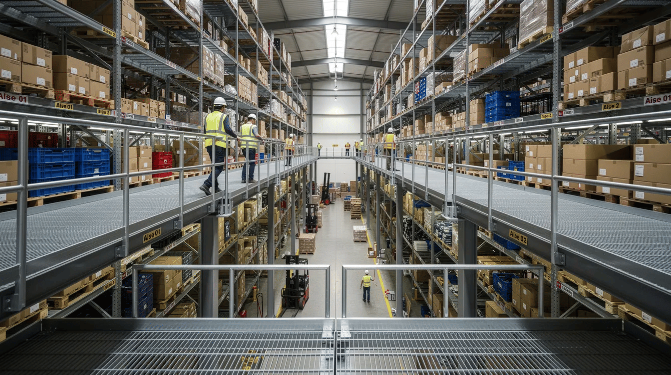 The image depicts a multi-level pick module structure within a warehouse, featuring workers on an elevated walkway navigating between rows of selective pallet racking systems. The setup illustrates efficient use of storage space, highlighting the organization and accessibility of inventory in a high-density storage environment.