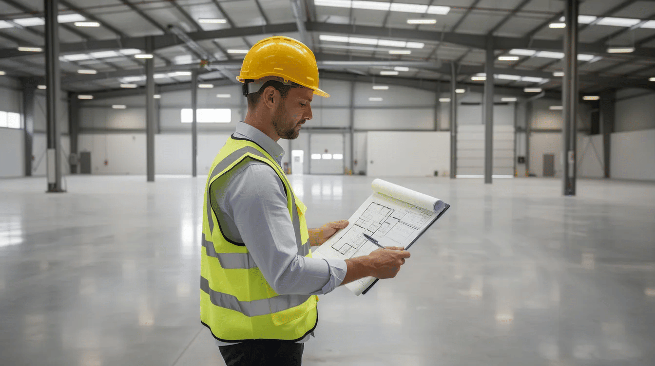 A facility manager wearing a hard hat is examining warehouse layout plans inside an empty industrial building, focusing on optimizing storage space with selective pallet racking systems. The layout suggests considerations for efficient pallet positions and high-density storage solutions tailored to the unique needs of the facility.