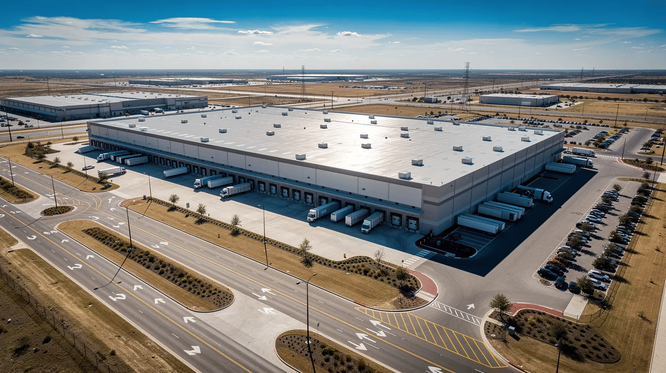 An aerial view of a large, modern distribution center in Texas showcases numerous loading docks and truck bays designed for efficient operations. The facility is equipped with selective pallet racking systems, maximizing storage capacity and accessibility for various materials and inventory types.