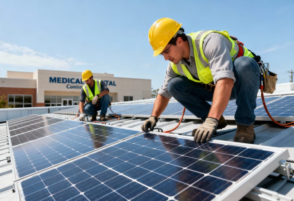 solar experts looking over solar panels on rooftop