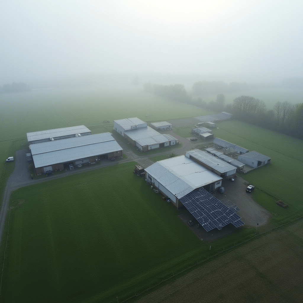acres of farm and buildings in Illinois on a foggy day