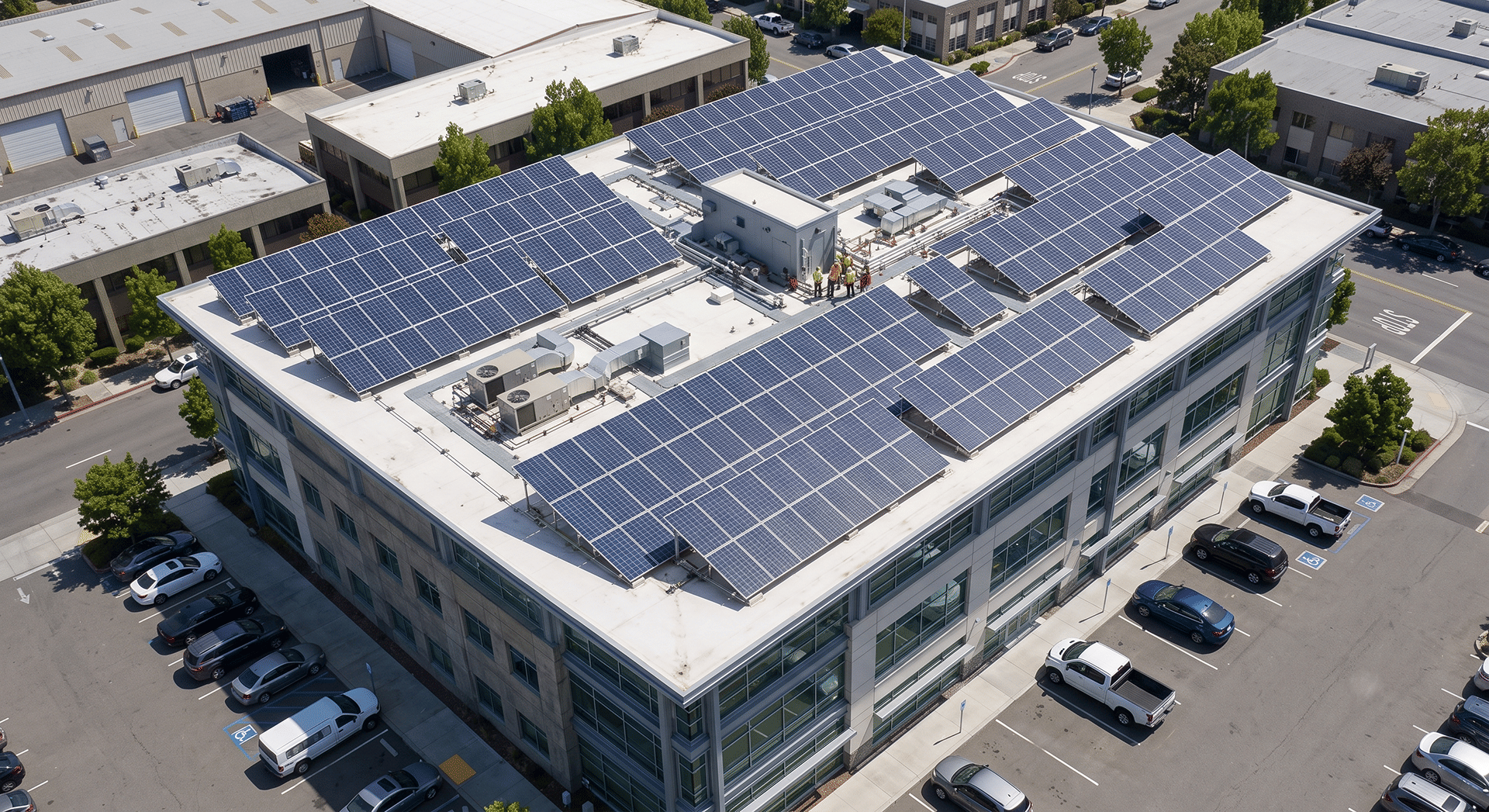 Aerial view of solar panels on commercial roof top in Illinois
