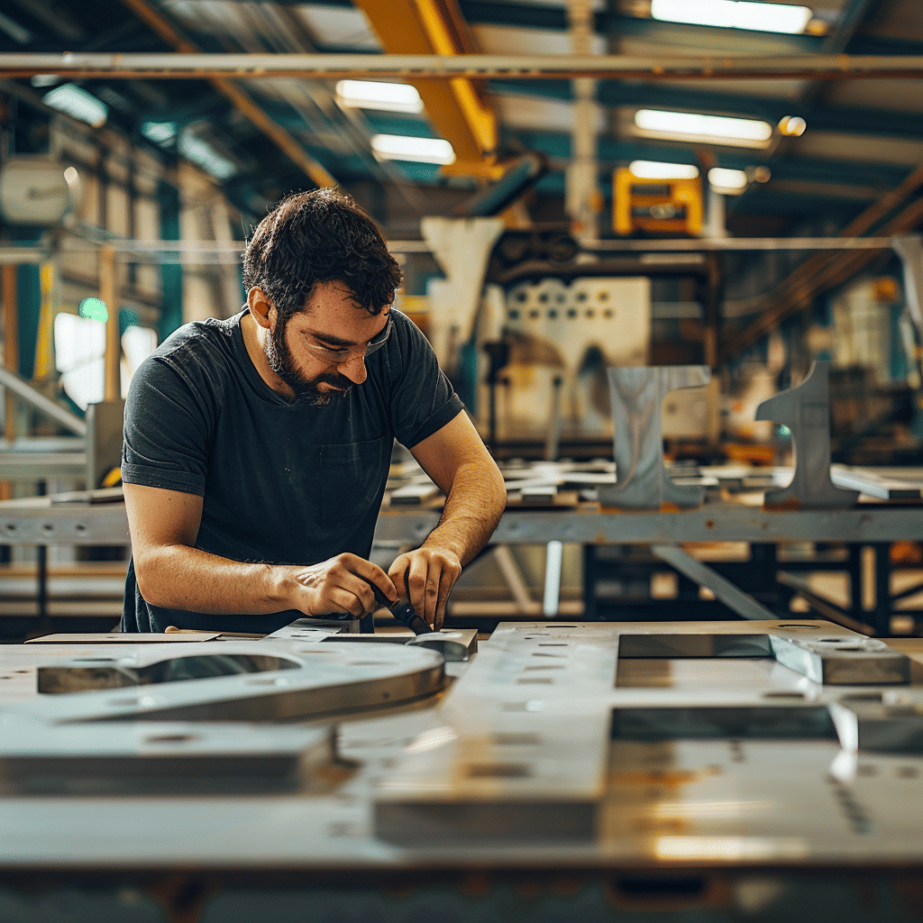 A man in safety glasses working on metal signs