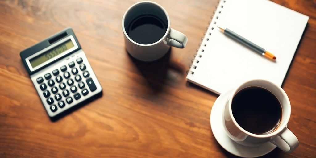 Calculator, notepad, and coffee cup on a wooden desk.