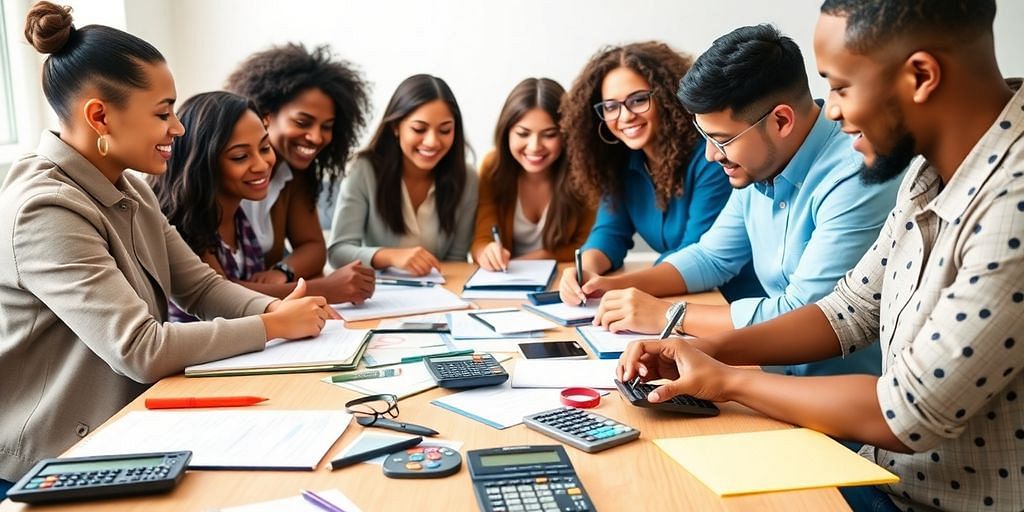 Group of people reviewing accounting tools and resources.