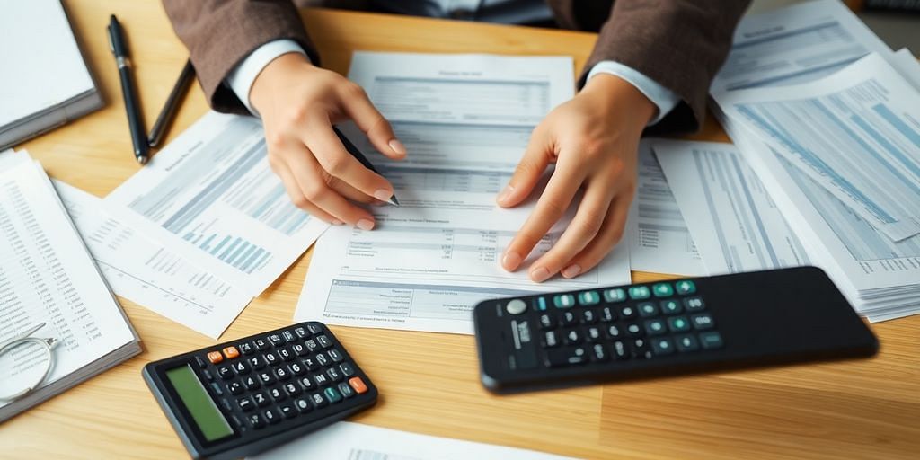 Person working with financial documents and calculators.