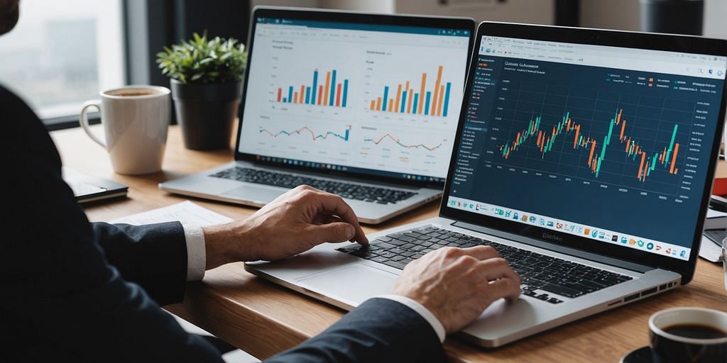 Consultant with laptop showing financial charts