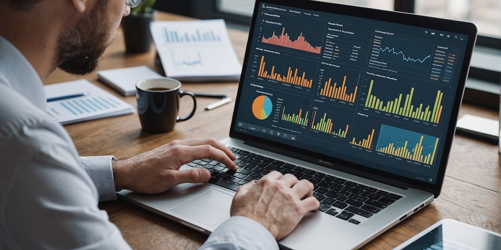 Consultant workspace featuring a laptop with colorful analytics, coffee cup, and document charts – best accounting software guide image