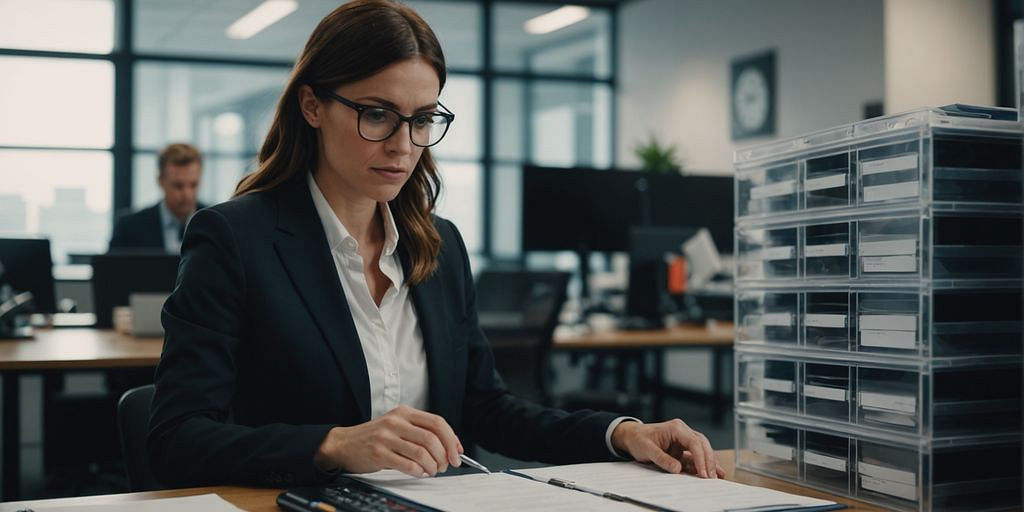 Person organizing business records in a modern office.