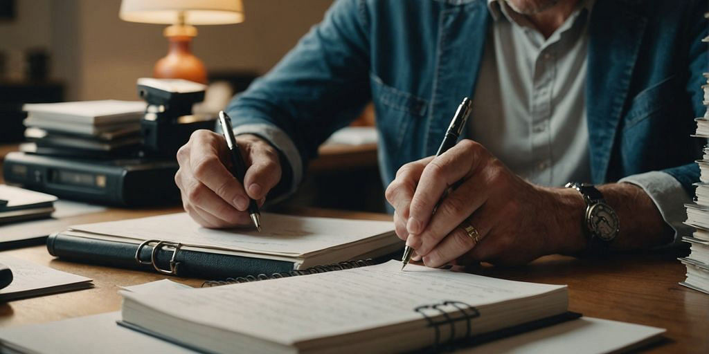 Business owner organizing documents in a record-keeping book