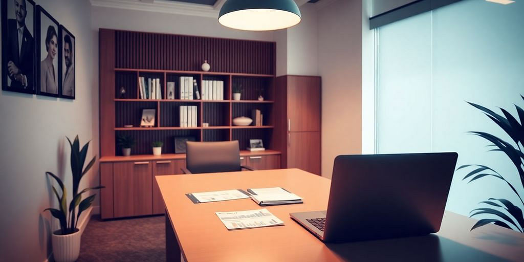 Modern office setup with laptop and financial documents.