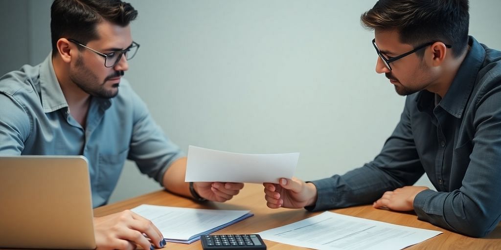 Accountant consulting with small business owner on finances.
