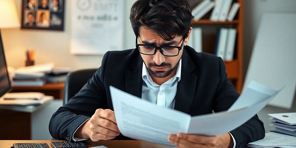 Worried business owner in an office with financial documents.