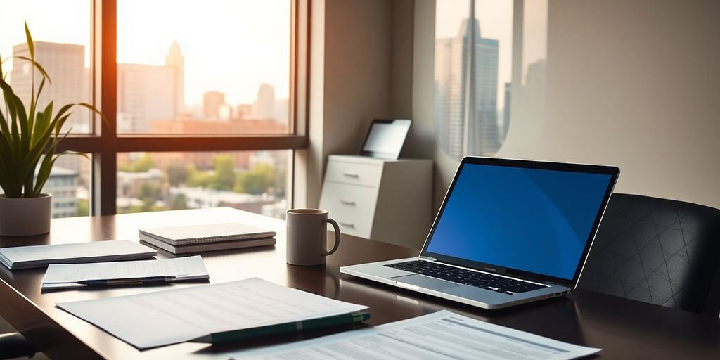 Office desk with laptop and skyline view in Pittsburgh.