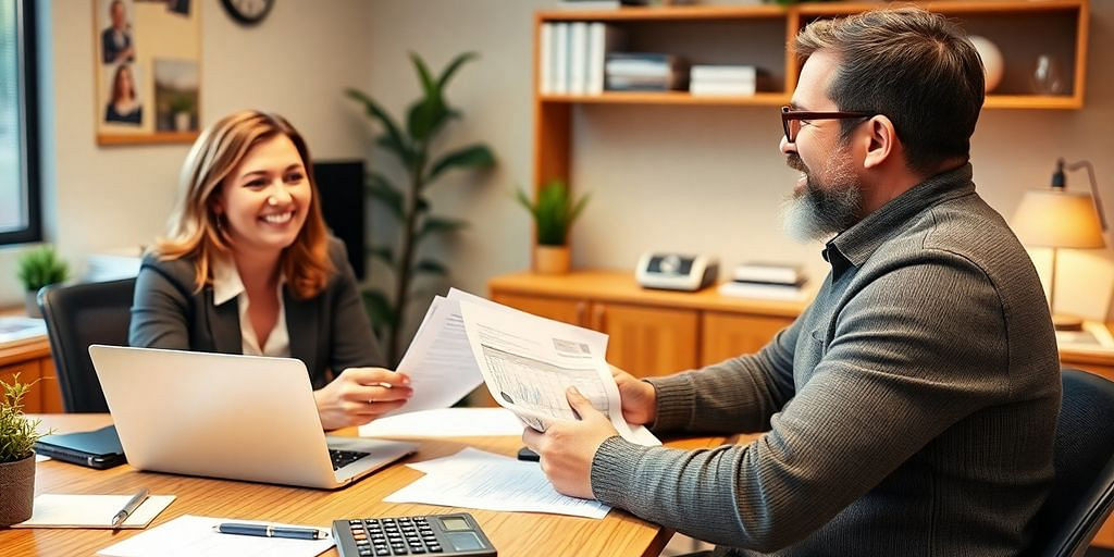 Accountant consulting small business owner in an office setting.