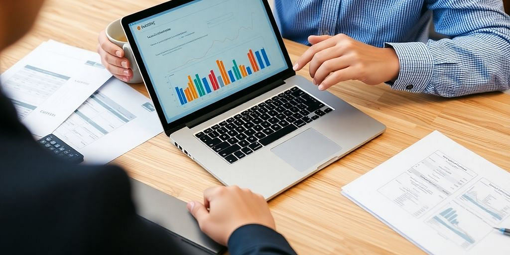Small business owner using accounting software on a laptop.
