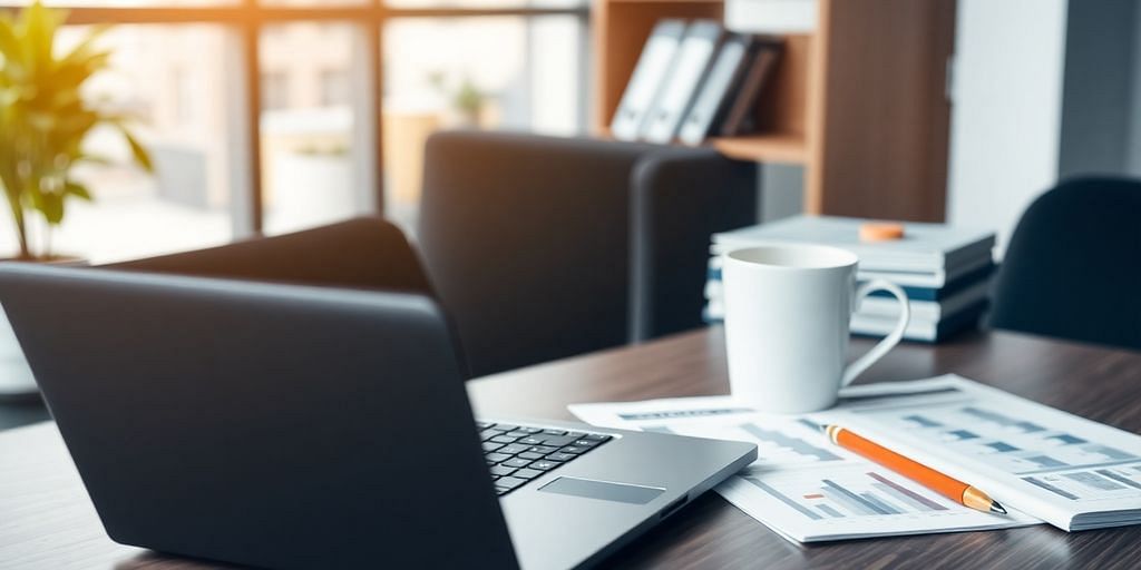 Modern workspace with laptop and financial documents.