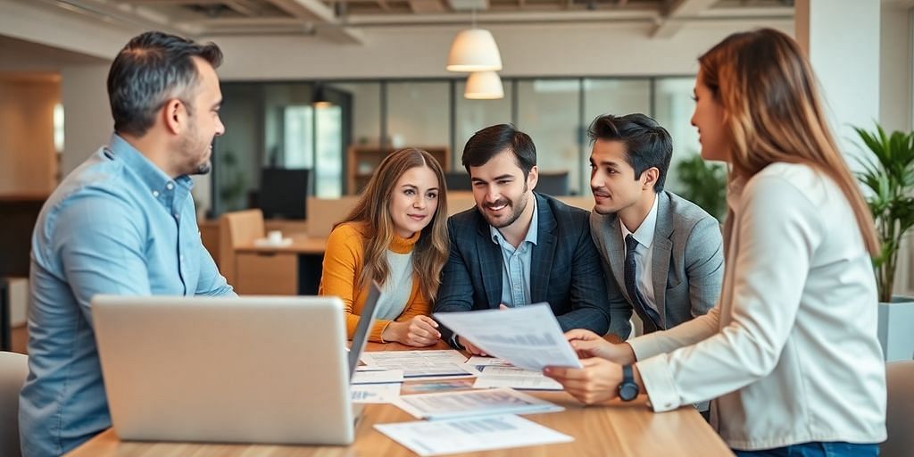 CFO consulting with startup team in modern office.