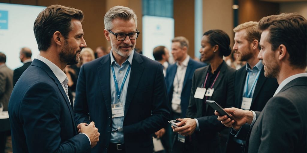 Networking event with professionals exchanging business cards.