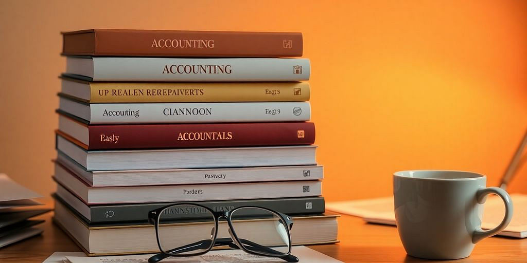 Stack of accounting books with glasses and coffee cup.