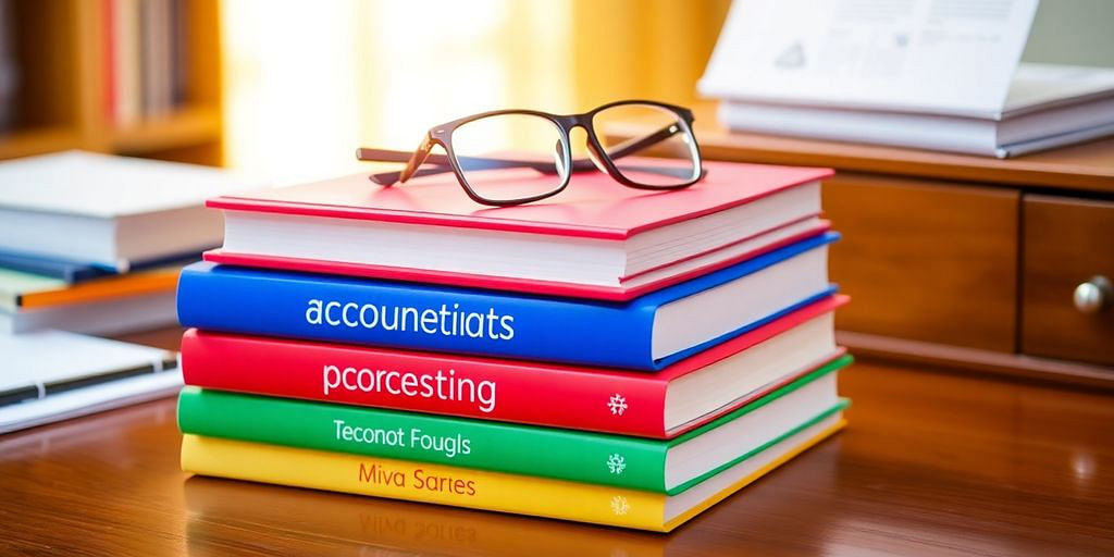 A stack of colorful accounting books with glasses.