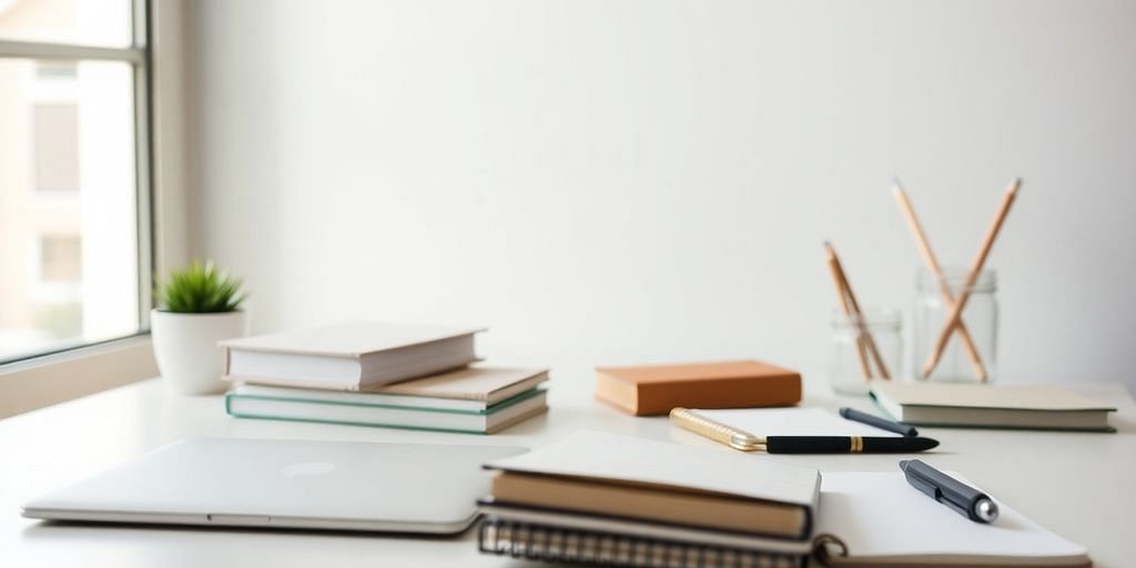 A workspace with a laptop and notebooks for bookkeeping.