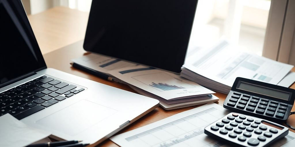 Workspace with laptop, documents, and calculator for bookkeeping.