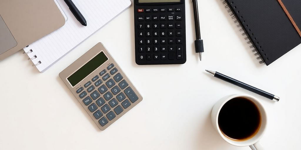 Workspace with calculator, notebooks, and coffee cup.
