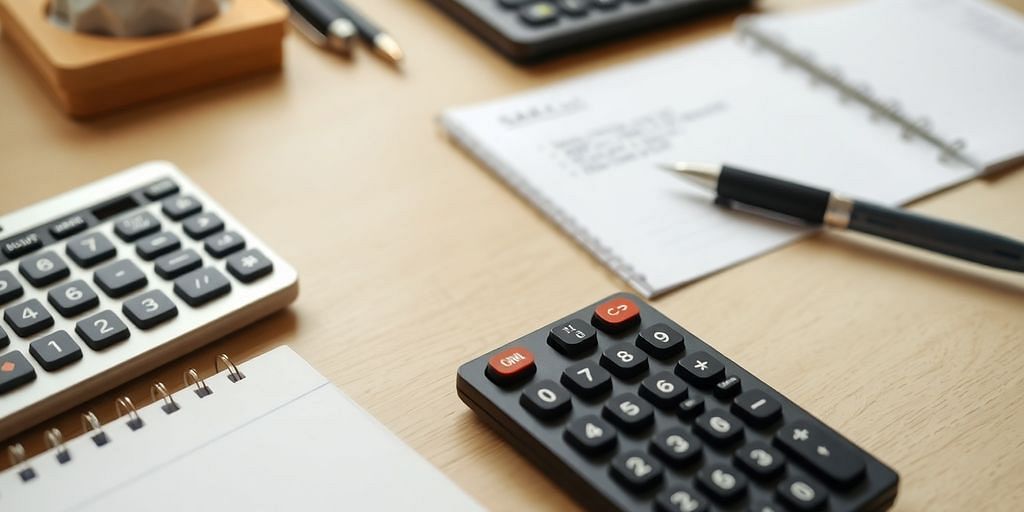 Calculator, notepad, and stationery on a tidy desk.