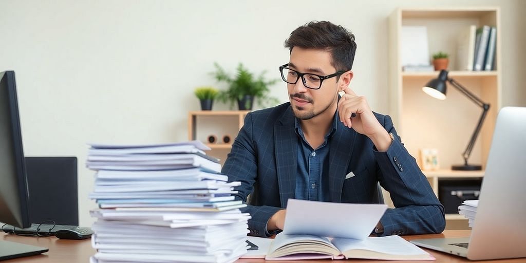Small business owner at a desk with books.