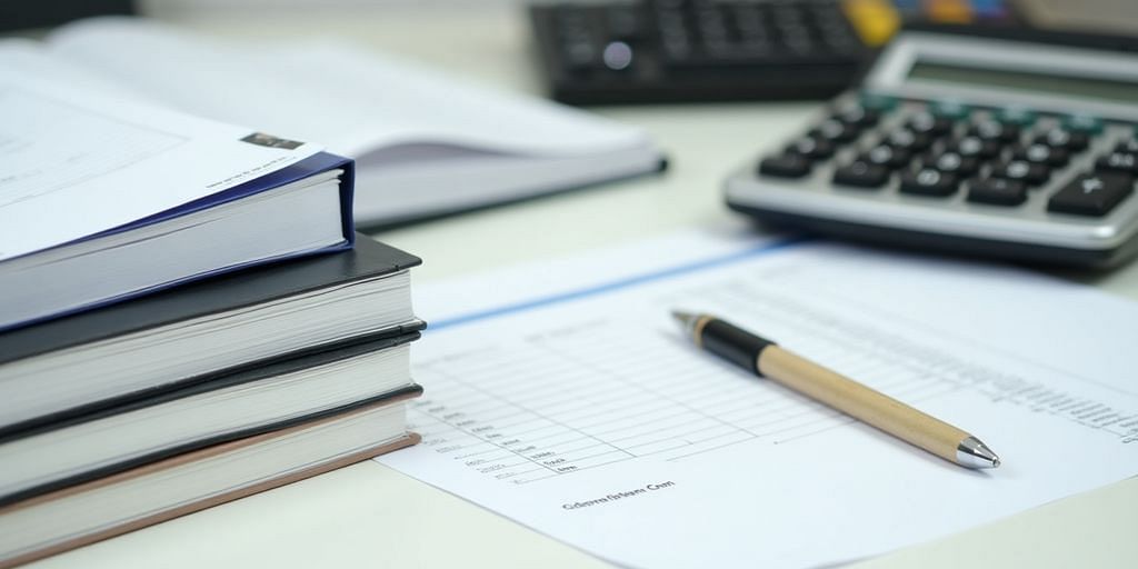 Organized desk with calculator and accounting books.