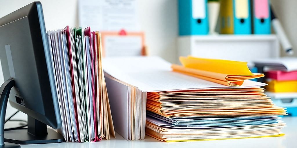 Organized workspace with files and computer setup.