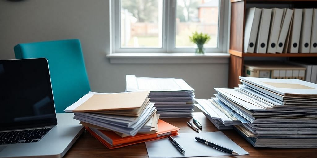 Organized workspace with files and a laptop.