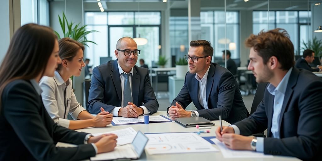 A financial controller working with a team in an office.