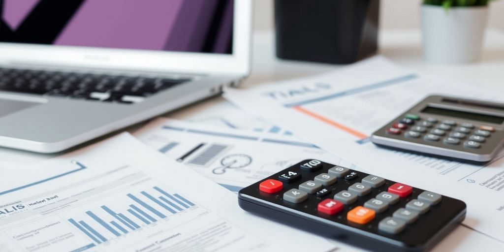 Ecommerce bookkeeping workspace with laptop and financial documents.