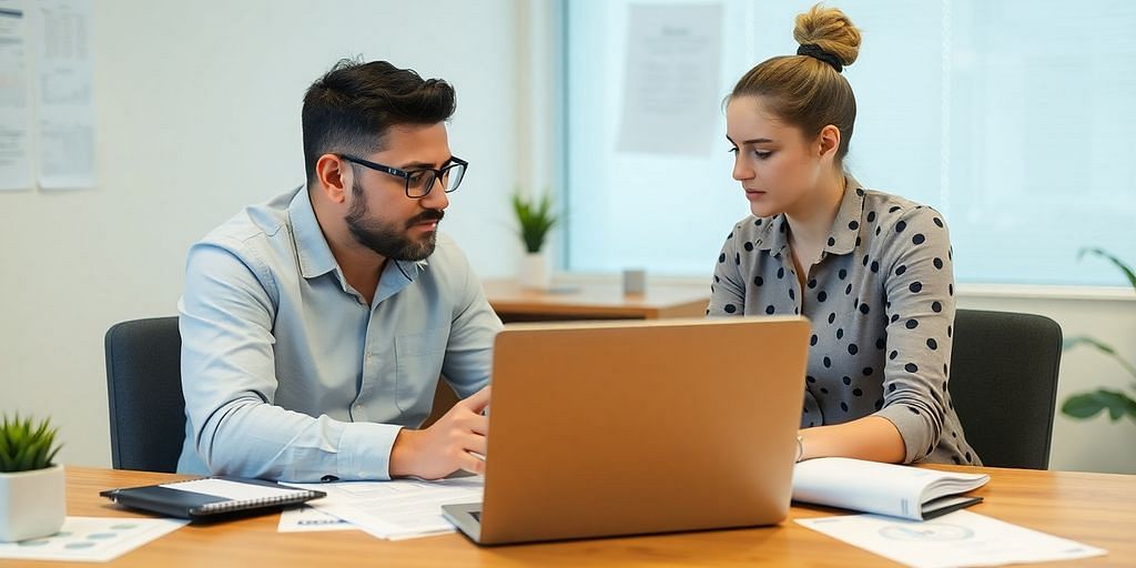 Small business owner and bookkeeper discussing finances at desk.