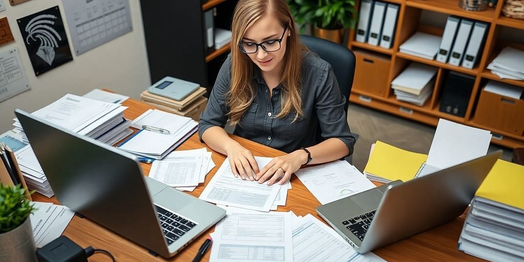 Professional bookkeeper at desk with financial documents.