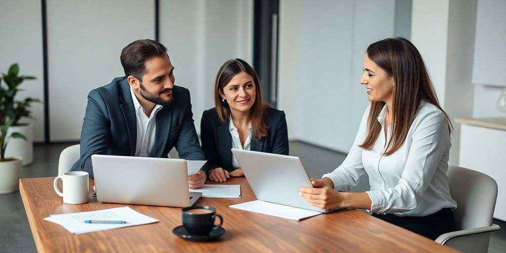 Accountant consulting with small business owners in an office.