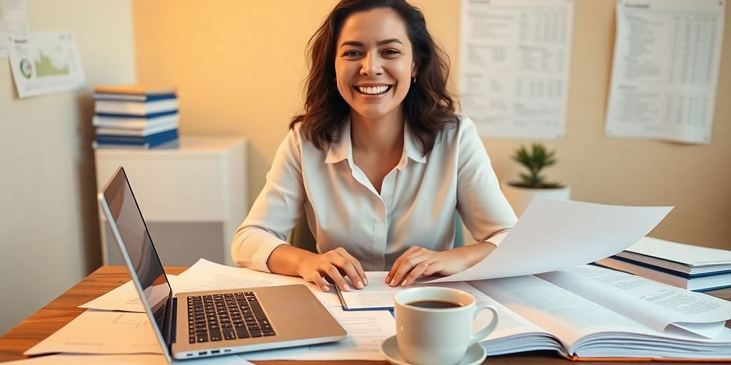 Business owner at a desk with organized financial documents.