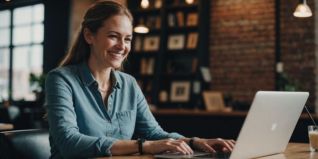 Business owner using software bookkeeper on laptop, smiling.