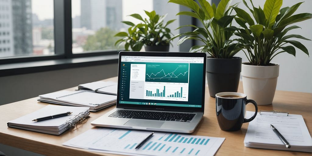 Laptop with financial graphs on office desk
