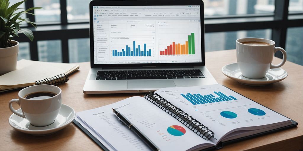 Laptop with financial graphs on office desk