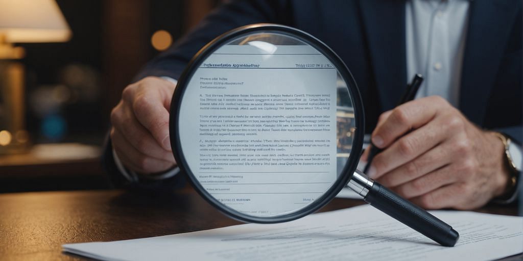 Businessman examining franchise agreement with magnifying glass and papers.