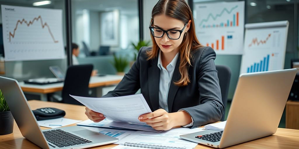 Bookkeeper reviewing financial documents at a desk