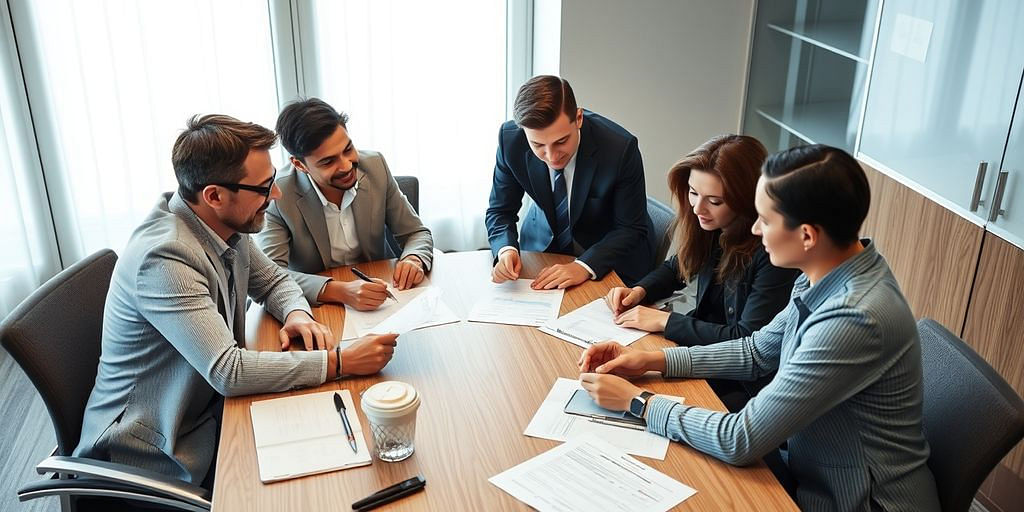 Professionals discussing financial documents at a meeting.