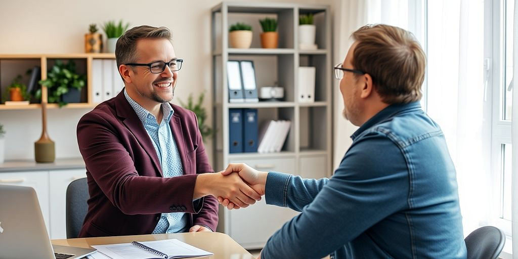 Accountant shaking hands with business owner in office.