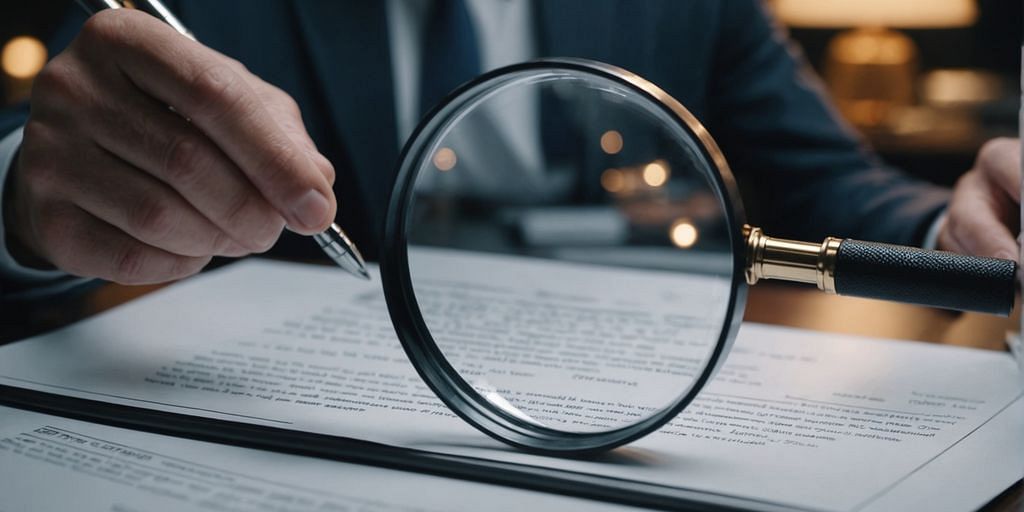 Person examining financial documents with magnifying glass