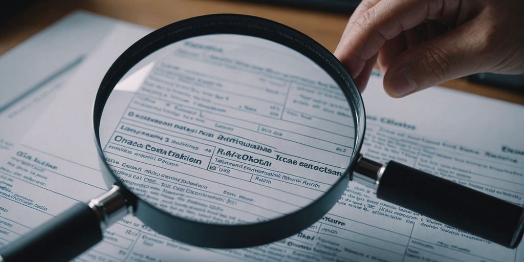 Person examining financial documents with magnifying glass